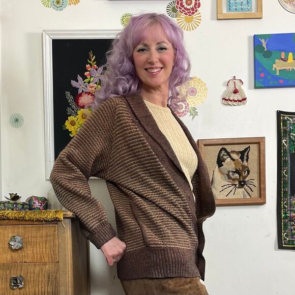 Vintage Grandpa Cardigan, 1970s Brown Tweed Deep V-Neck Button Front Sweater Lg - Picture 2 of 14